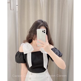 Áo tay bồng nơ vai (đen/trắng)