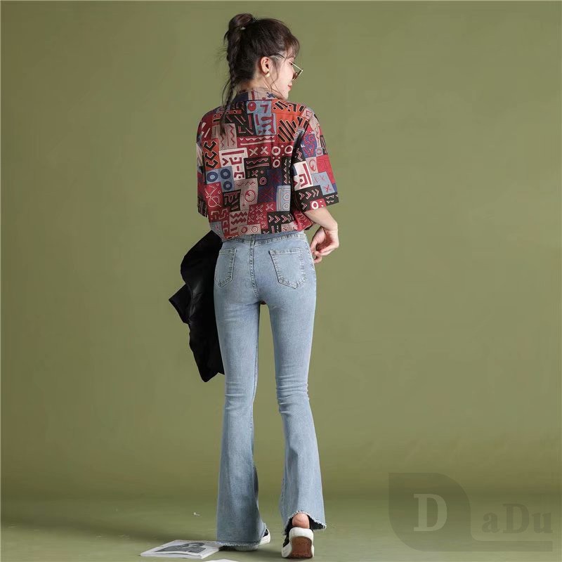 Daduhey Quần Jeans Nữ Lưng Cao Ống Loe Plus Size