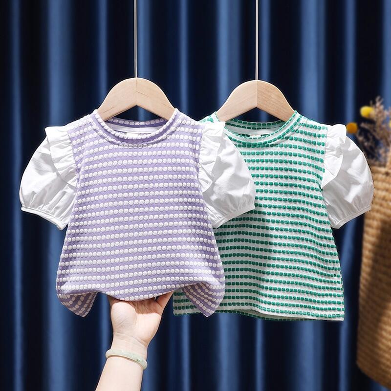 Áo Thun Tay Phồng Bằng Cotton Họa Tiết Sọc Màu Xanh Lá Thời Trang Mùa Hè Dành Cho Bé Gái 2-6