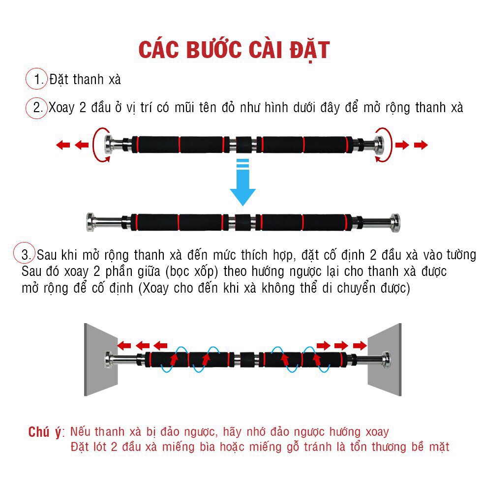 Xà đơn gắn tường gắn cửa nhiều cỡ từ 60-130cm kích thước có thể tùy chỉnh phù hợp tập gym tại nhà tăng cơ bắp