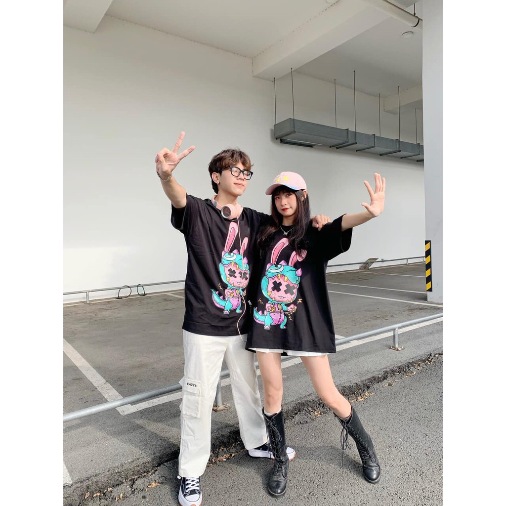 Áo thun THỎ ROBOT tay lỡ dáng suông phom rông mặc đôi nam nữ hàng có size chất thun dày dặn co giãn