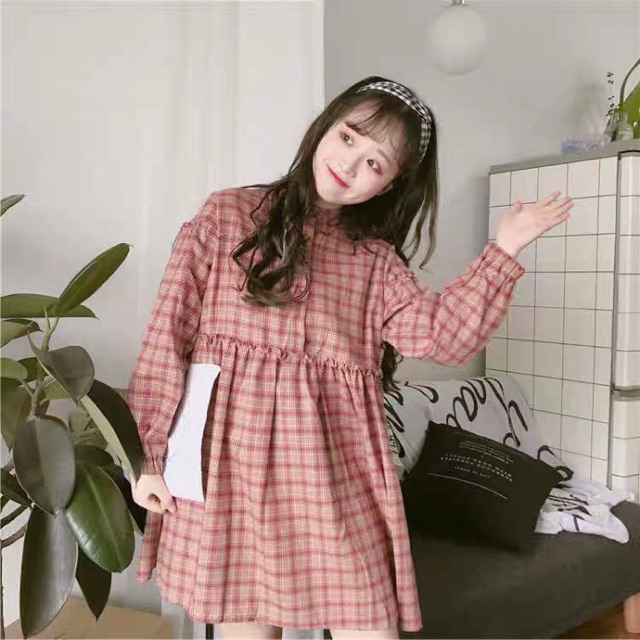 Đầm caro babydoll tay phồng dài 2 màu NHÀ LOVI