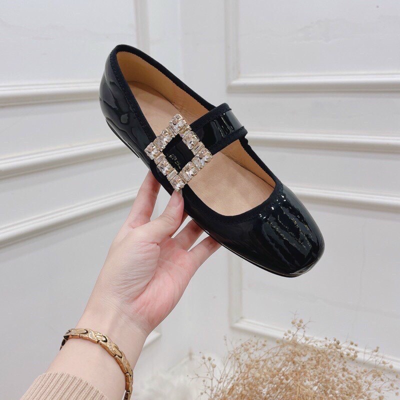 Giày búp bê nữ đế bệt da bóng quai ngang đính đá vuông phong cách xinh xắn cho nữ - Mã BG56