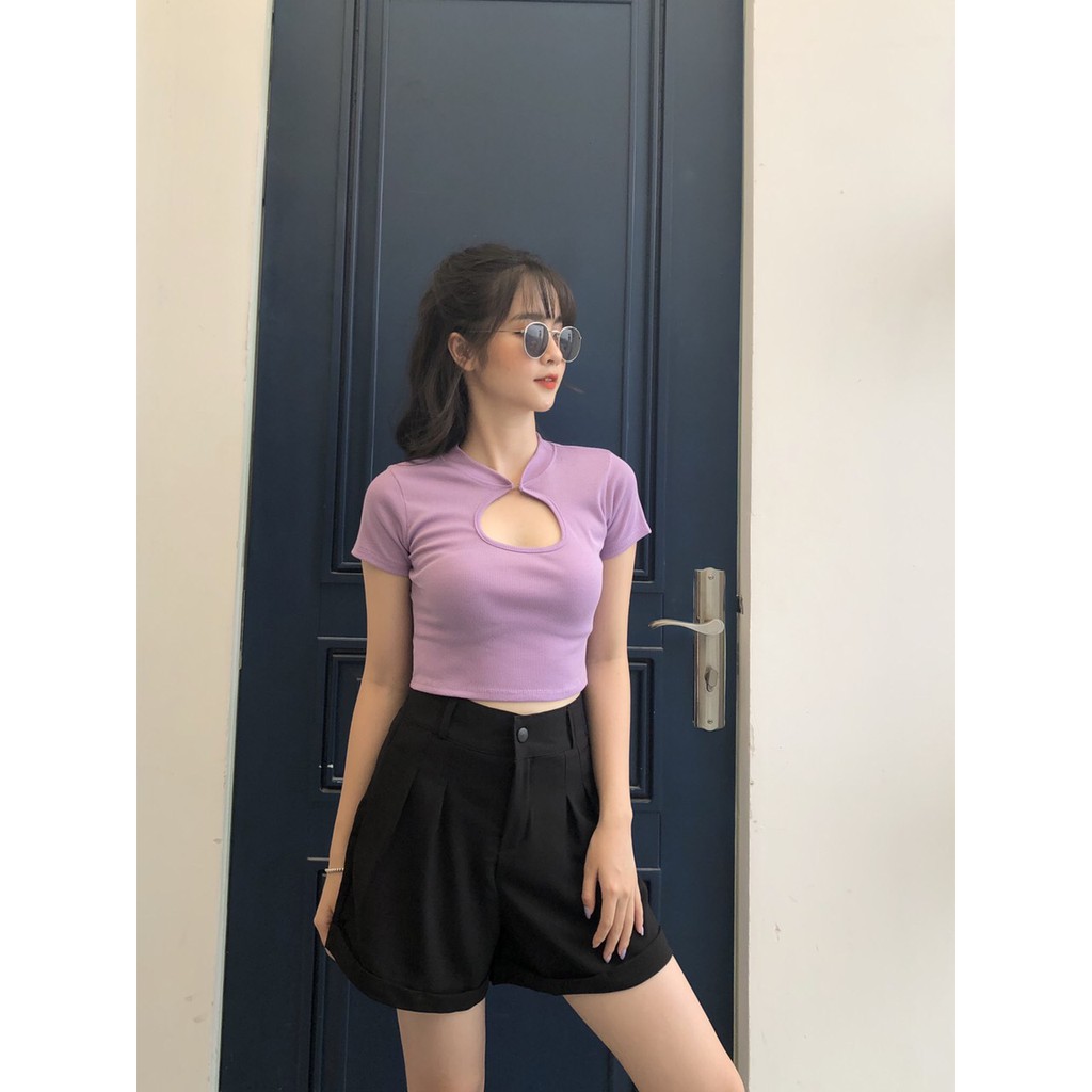 [Mã FAMAYWA giảm 10K đơn 50K] ÁO CROPTOP CỔ GIỌT LỆ ĐEN TRẮNG TÍM - ÁO THUN CROP KHOÉT NGỰC TAY NGẮN | BigBuy360 - bigbuy360.vn