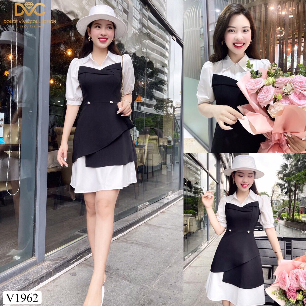 VÁY ĐEN CỔ SƠ MI PHỐI TRẮNG V1962 ĐI CÙNG CHẤT VẢI MANGO CAO CẤP DÀY DẶN SANG TRỌNG NỮ TÍNH