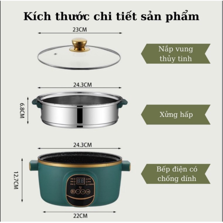 Nồi Lẩu Điện Đa Năng Chống Dính Shanban 24CM HM-D24 -hàng cơ hm26cm -hm28cmTặng Kèm Hấp Inox .Dán .Xào .Hấp. .Hầm