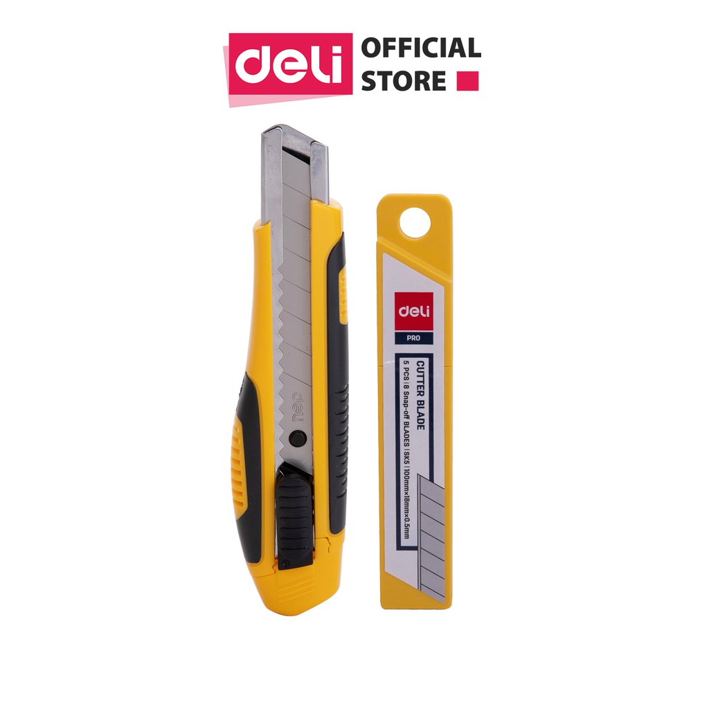 Dao rọc giấy Deli, cao su mềm kèm hộp lưỡi dao, loại 8 lưỡi tách rời, nhỏ gọn, sắc bén