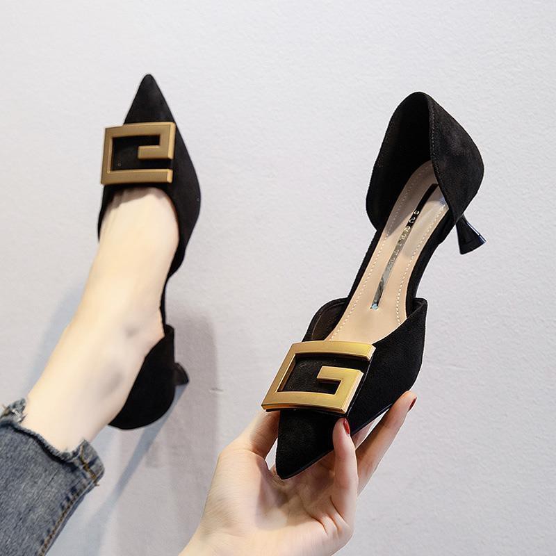 Giày gót nhỏ 5 cm 2021 mới giày mũi nhọn duy nhất của phụ nữ giày cao gót nhỏ kiểu Pháp
