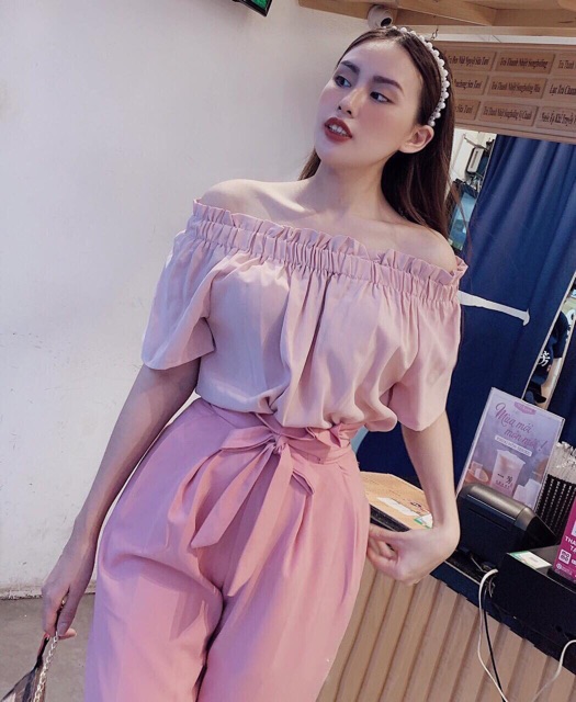 Set Áo hồng pastel + Quần ống rộng kèm belt