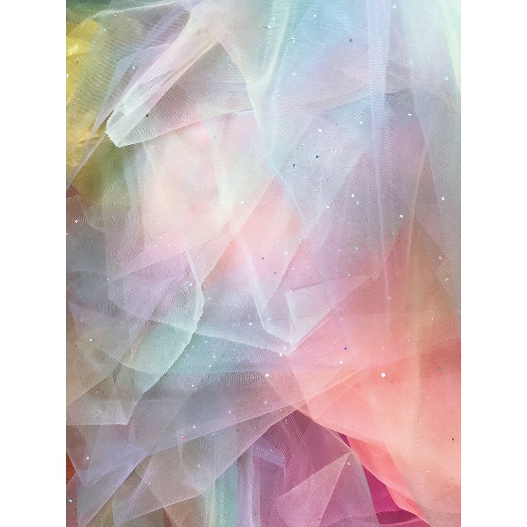 Vải lưới cầu vồng ombre 7 màu có gắn kim tuyến lấp lánh khổ 1m5