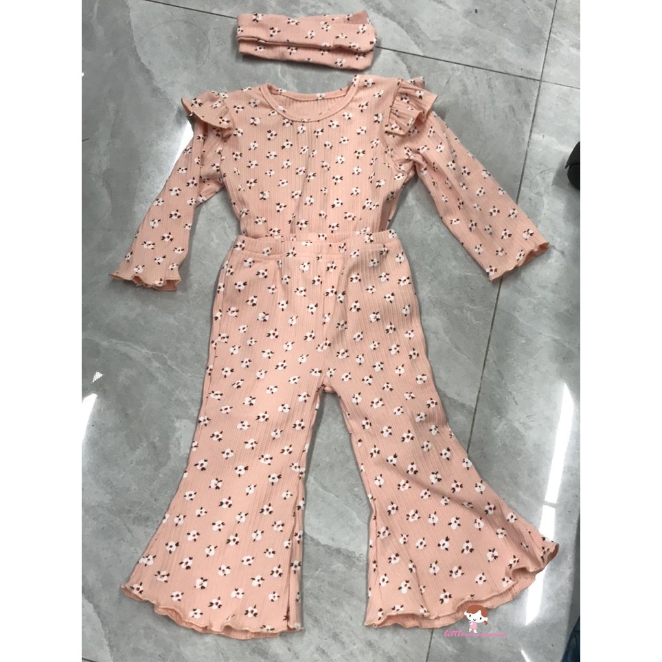 Bộ Áo Thun Tay Dài In Hoa + Quần Ống Loe + Băng Đô Thời Trang Cho Bé Gái Q7-Kid