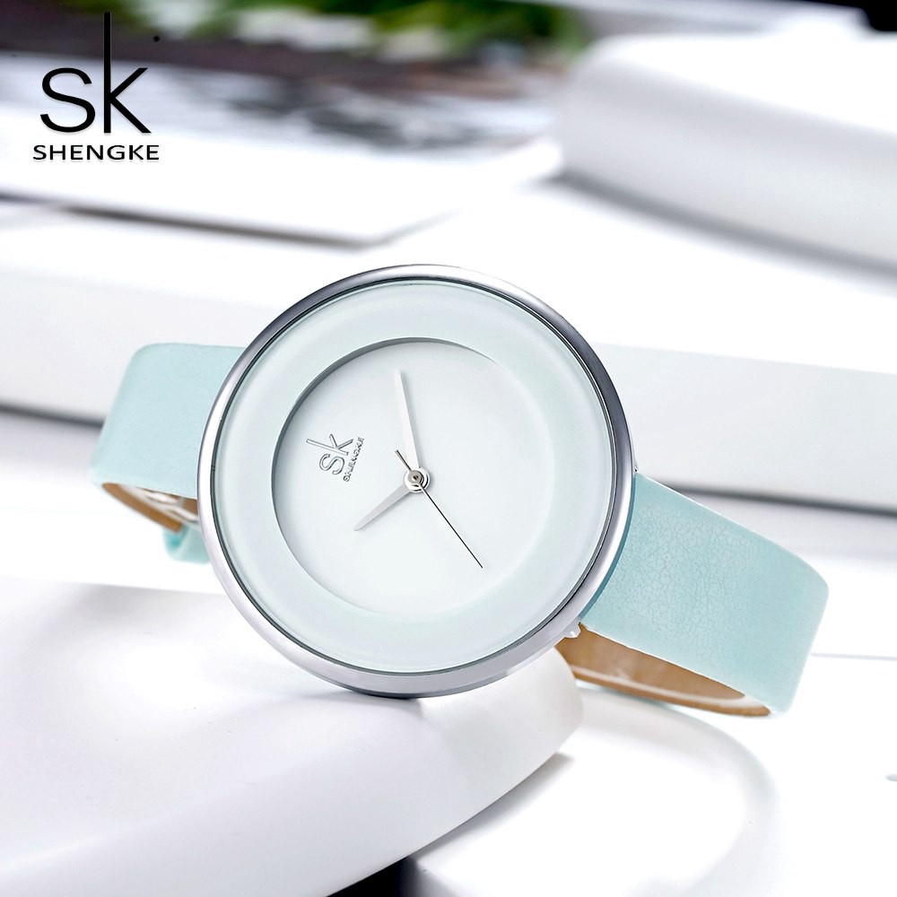 Đồng hồ đeo tay Shengke máy Quartz phối dây đeo da thời trang đơn giản cho nữ