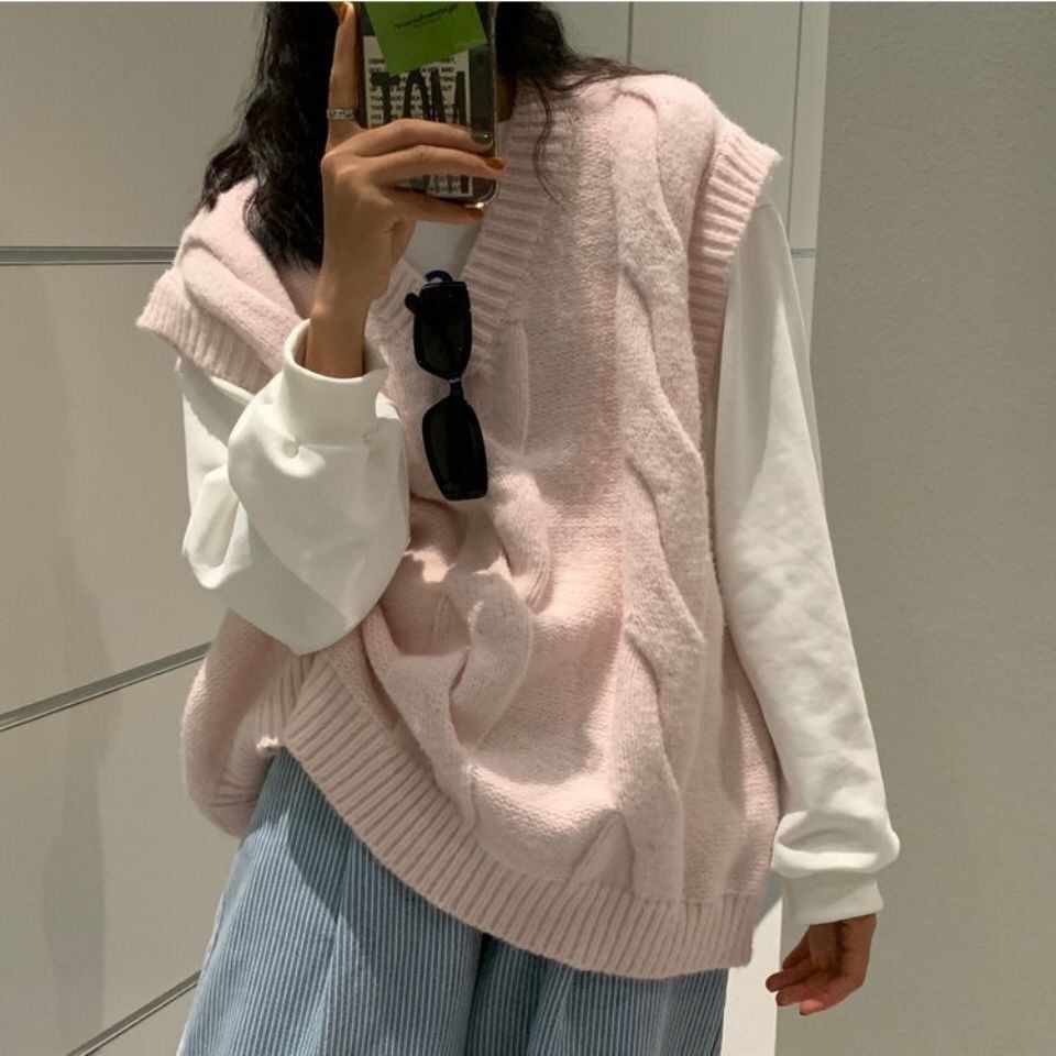 Áo Dệt Kim Không Tay Dáng Rộng Cổ Chữ V Phong Cách Vintage Thời Trang Dành Cho Nữ