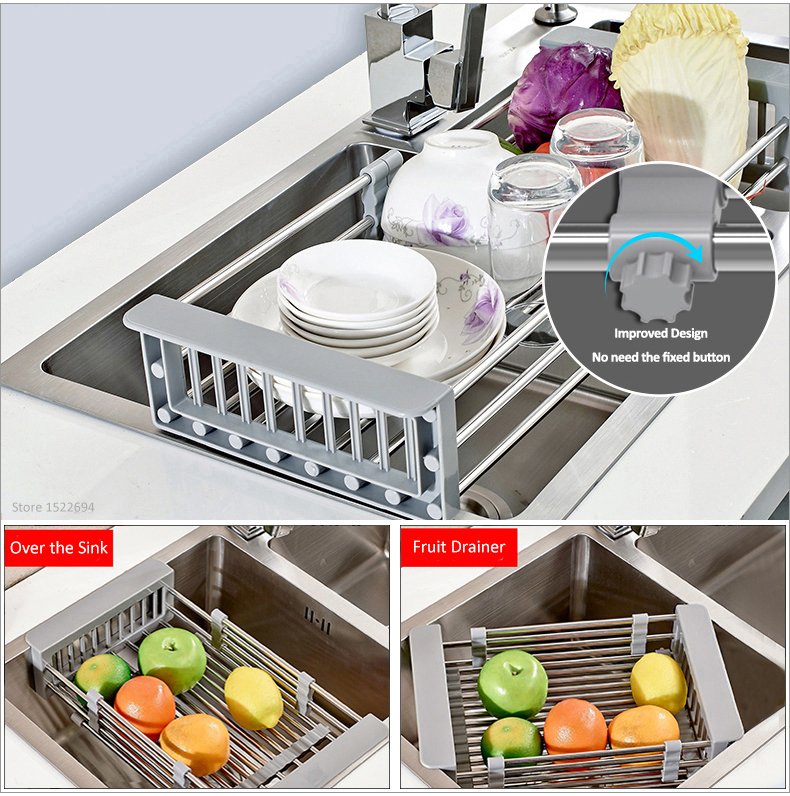 có thể điều chỉnh Rổ inox 304 treo bồn rửa chén, rửa rau củ đa năng