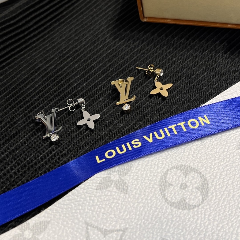 LOUIS VUITTON Khuyên Tai Tròn Bằng Thép Titan In Logo LV Thời Trang