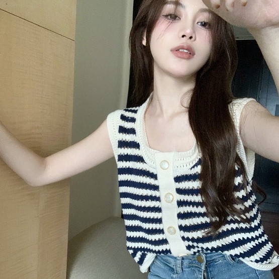 【ZHELIHANGFEI】Áo Dệt Kim Sát Nách Dáng Rộng Kẻ Sọc Trẻ Trung Hợp Thời Trang