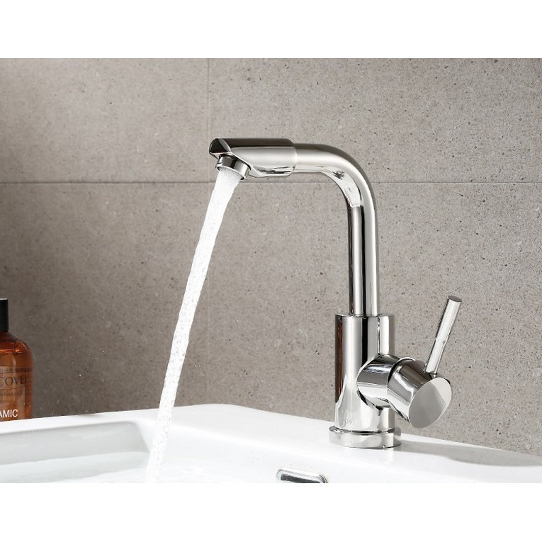 Vòi Lavabo nóng lạnh (cần uốn vuông, đầu xoay 360) SUS304 Bóng - Cao cấp ITALIA (Tặng thêm đôi dây cấp)