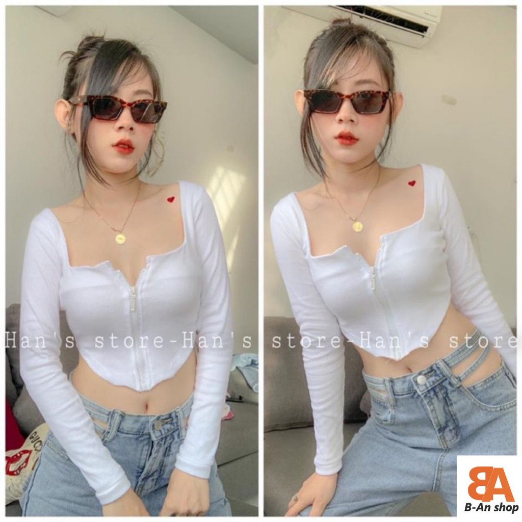 Áo croptop nữ kiểu phối khoá kéo dài tay chất vải thun gân len 4 chiều FreeSize ( Bảo An Shop ) Hot | BigBuy360 - bigbuy360.vn