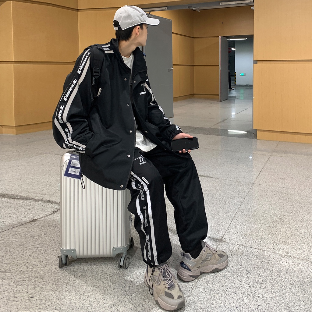 Áo khoác thể thao cổ đứng dáng rộng kẻ sọc phản quang cá tính thiết kế thời trang dành cho nam