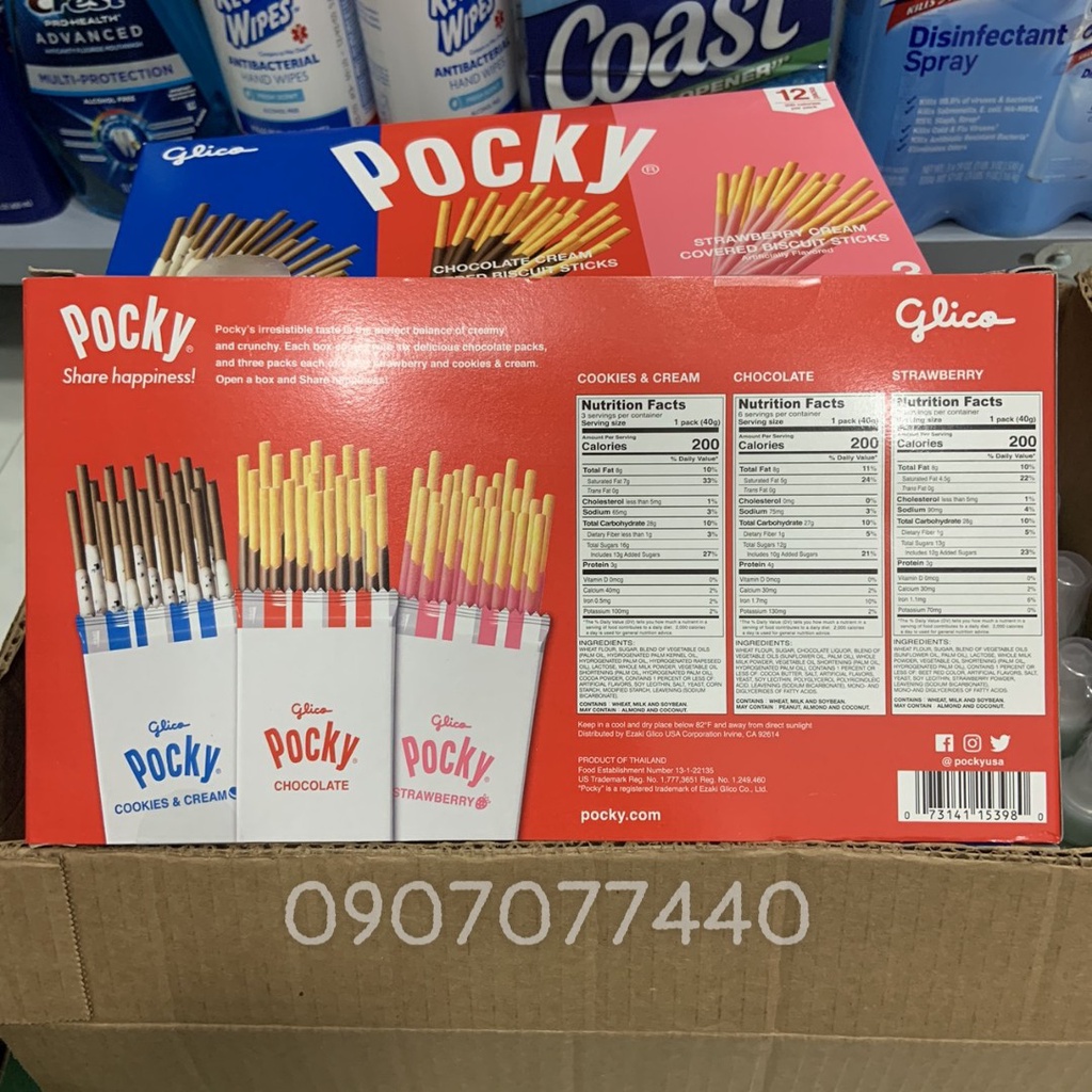 Bánh que mix 3 vị  socola, dâu, cookies Mỹ Glico Pocky 480gr date 9/2022 - EDS Hàng Mỹ