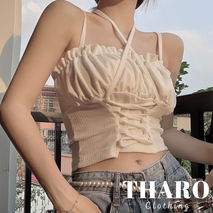Áo Croptop Dệt Kim Hai Dây Đan Chéo Eo - Tharo Clothing