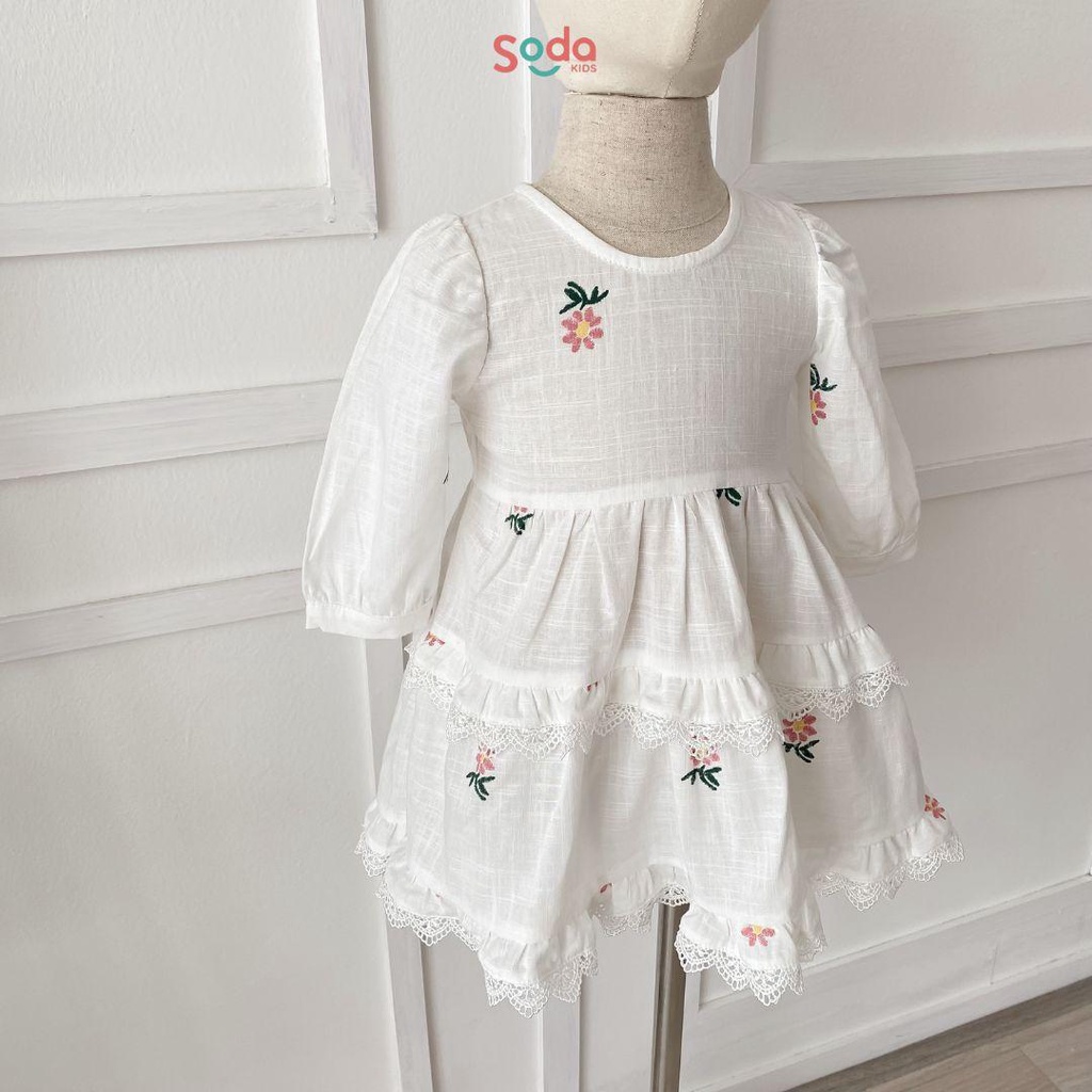 Váy bé gái ROSÉ DRESS SODA KIDS thiết kế tay bồng, phối ren, chất liệu linen Hàn, họa tiết hoa dễ thương