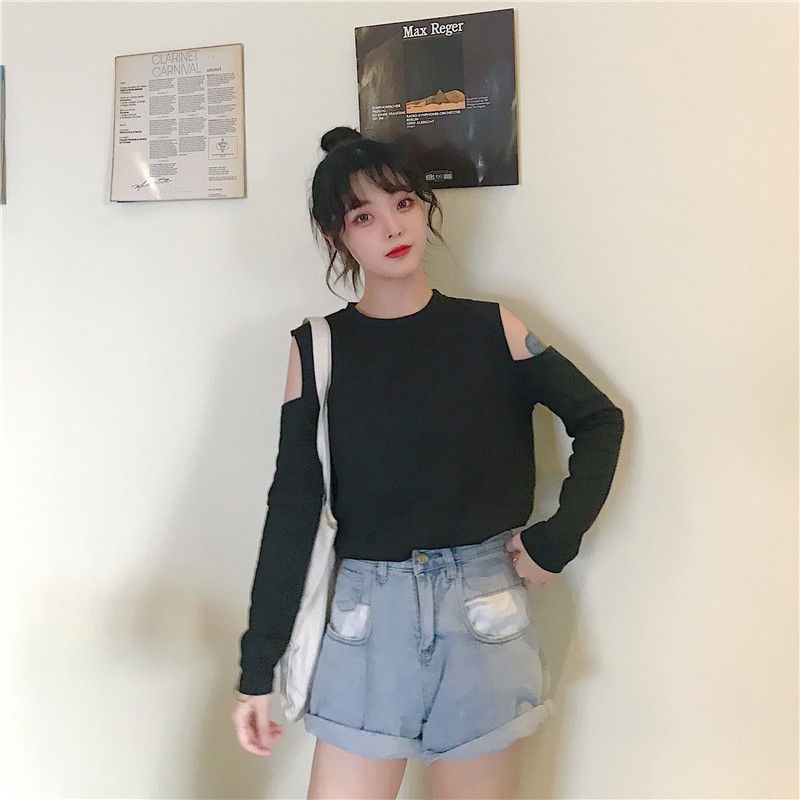 ZHELIHANGFEI Áo Thun Sweater Tay Dài Hở Vai Thiết Kế Trẻ Trung Cá Tính