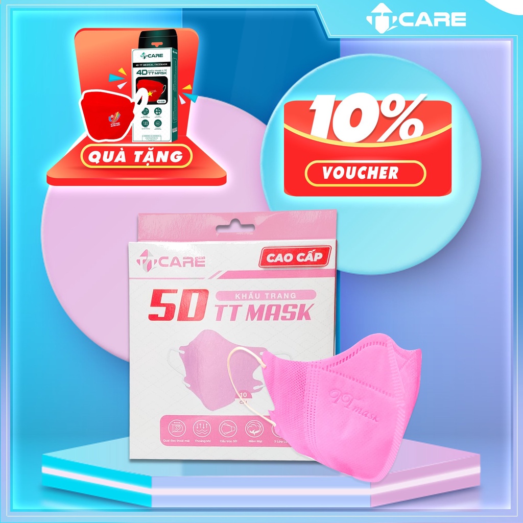 Khẩu trang 5D, khẩu trang y tế màu trắng xanh hồng (form 3D nâng cấp) chính hãng TTCare