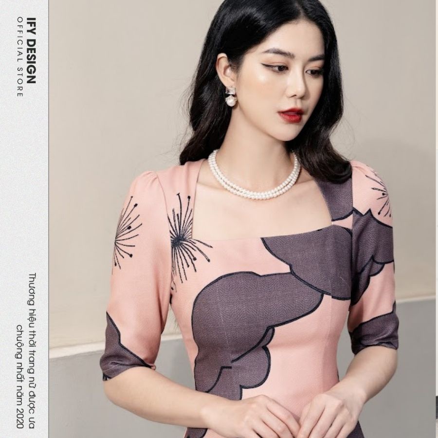 Áo dài cách tân nữ cổ vuông tay lửng màu hồng IFY Design FAD04A
