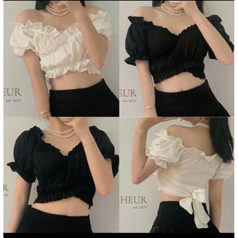 Áo kiểu nữ vạt chéo cột nơ eo, áo crt nhún bèo xinh xắn 2 màu đen trắng