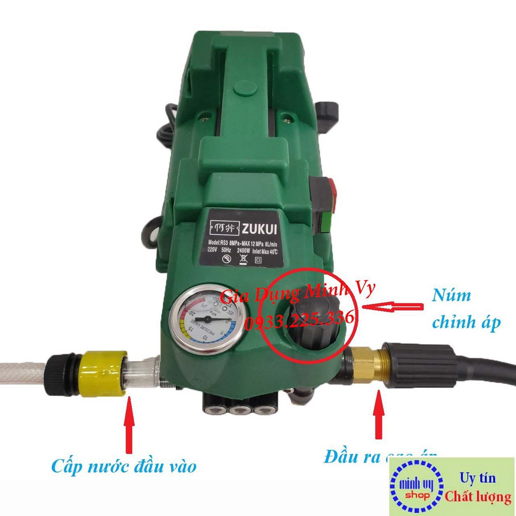 [Dây xịt 20m] Máy rửa xe chỉnh áp Zukui RS3- máy rửa máy lạnh 2400w- tự động ngắt tự hút nước tặng bình xà phòng