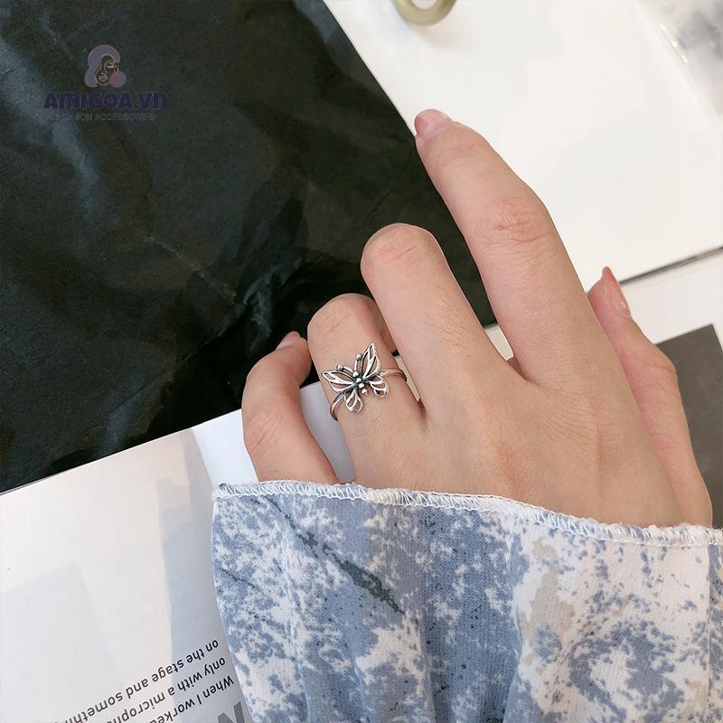 ✨✨Đơn giản phong cách retro có thể điều chỉnh rỗng bướm bạc mở nhẫn