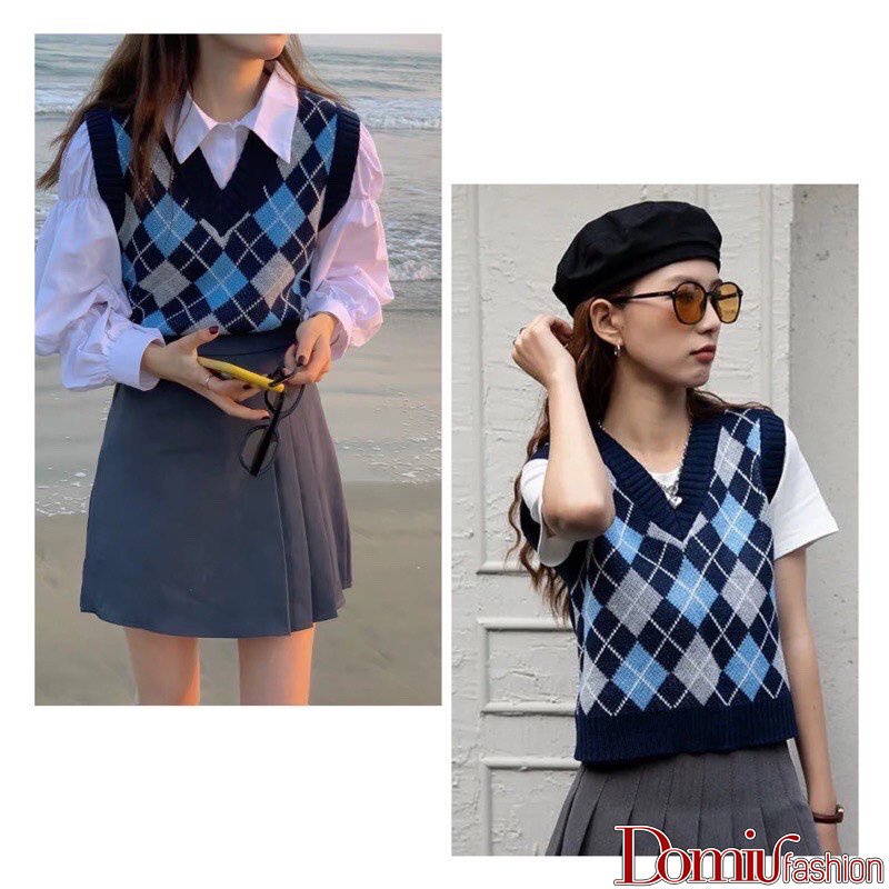 Áo gile nữ dáng croptop kẻ caro phong cách Ulzzang - Domiu Len03