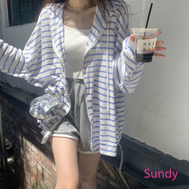 Áo Khoác Cardigan Chống Nắng Dáng Rộng Họa Tiết Kẻ Sọc Thời Trang Mùa Thu Phong Cách Hàn Quốc Cho Nữ