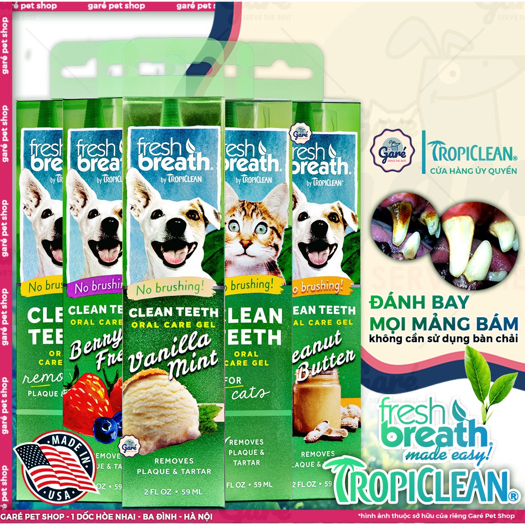 Gel vệ sinh răng miệng đánh bay mảng bám cao răng và hôi miệng cho Mèo TropiClean -Fresh Breath Clean Teeth Oral Care Ge