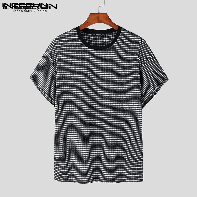 Áo thun INCERUN tay ngắn cổ tròn kẻ sọc caro dáng rộng đơn giản