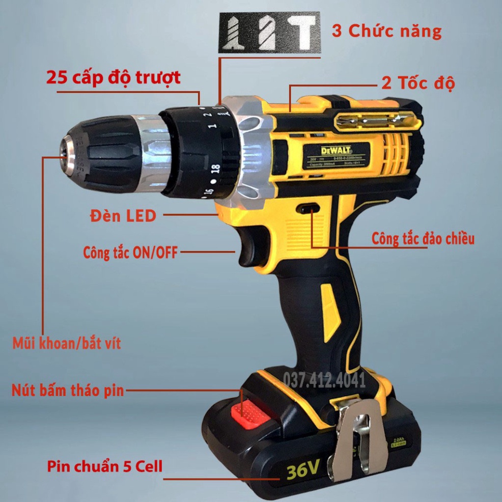 Máy khoan pin 36v, khoan pin Dewalt 3 chức năng, Máy bắn vít, khoan gỗ, sắt, siết bulong. Tặng bộ 24 phụ kiện.