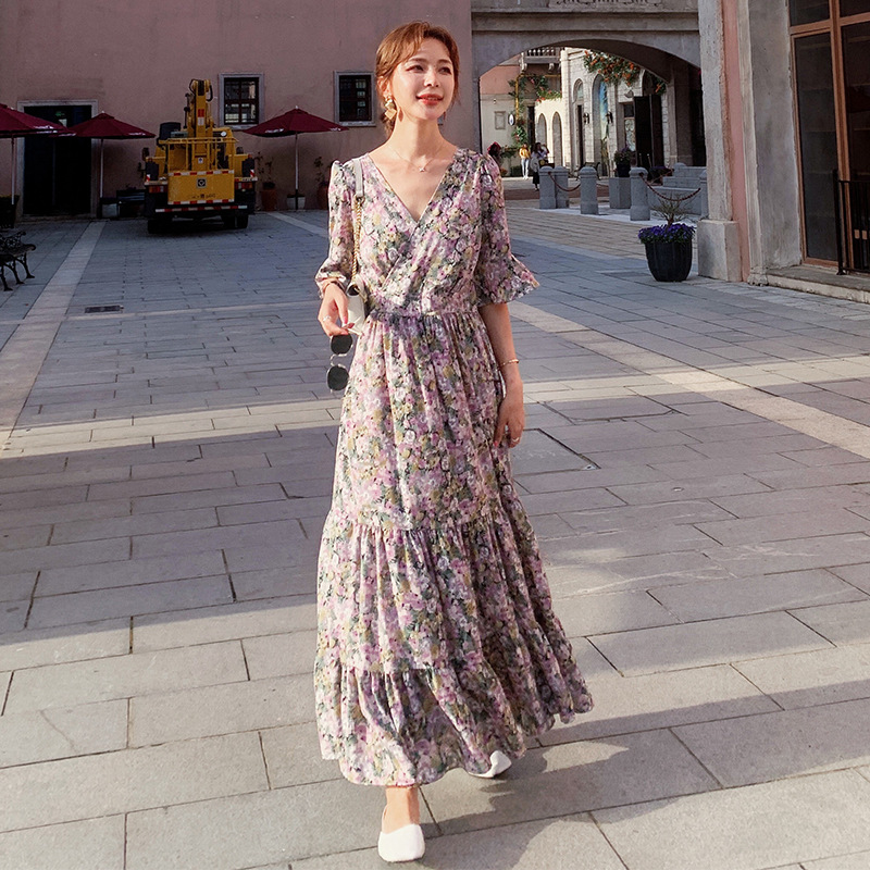 Đầm Nữ Dáng Dài Màu Tím In Hoa Thời Trang Mùa Hè 2021 | BigBuy360 - bigbuy360.vn