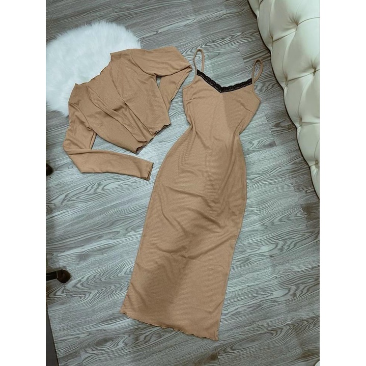 SET ĐẦM HAI DÂY ÔM BODY KÈM ÁO KHOÁC CARDIGAN