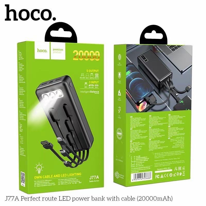 Pin dự phòng Hoco J77A LED 20000mAh-Đèn pin siêu sáng-Hỗ Trợ các cổng Sạc in/out-Tích hợp cáp sạc Micro Type C Lighting