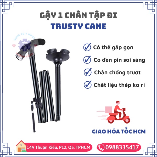 Gậy 1 chân tập đi, chống trượt gấp gọn Trusty Cane có đèn pin cho người cao tuổi, bệnh nhân
