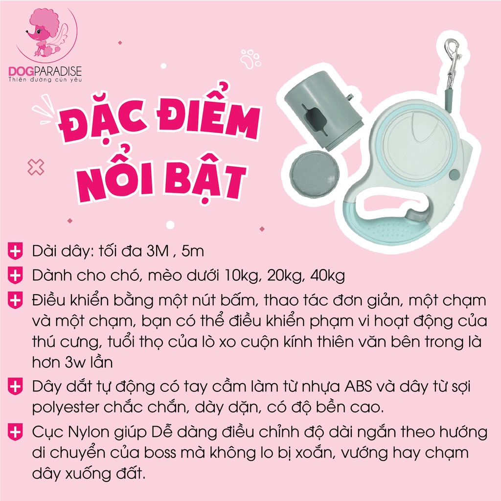 Dây dắt chó mèo tự động thu gọn cải tiến 4 nút khóa lẫy tiện dụng - Dogparasie