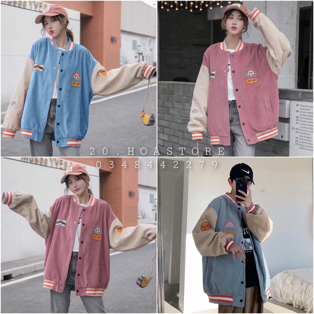 ÁO KHOÁC NHUNG TĂM RAPLAN Thêu DEEP END Hot - BOMBER Cúc Bấm Sọc Cầu Vồng Hồng Xanh phối thân Be