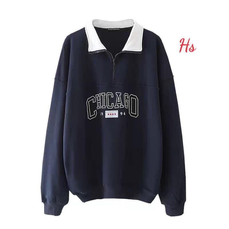 Áo khoác nữ, áo sweater nữ form rộng cổ khóa Chicagoo 1994 dưới 70kg màu xanh đen G062 | BigBuy360 - bigbuy360.vn