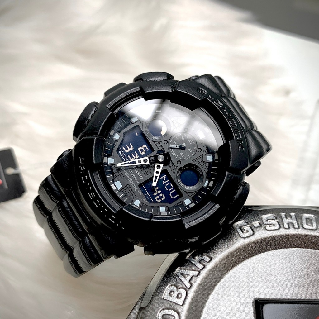 Đồng hồ Nam chính hãng Casio G-Shock GA-100BT Black,Mặt xanh-Máy Pin Quartz-Dây nhựa cao cấp-Size 55mm