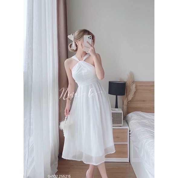 g1- đầm midi yếm xoắn Gv102, chất voan tơ, freesize