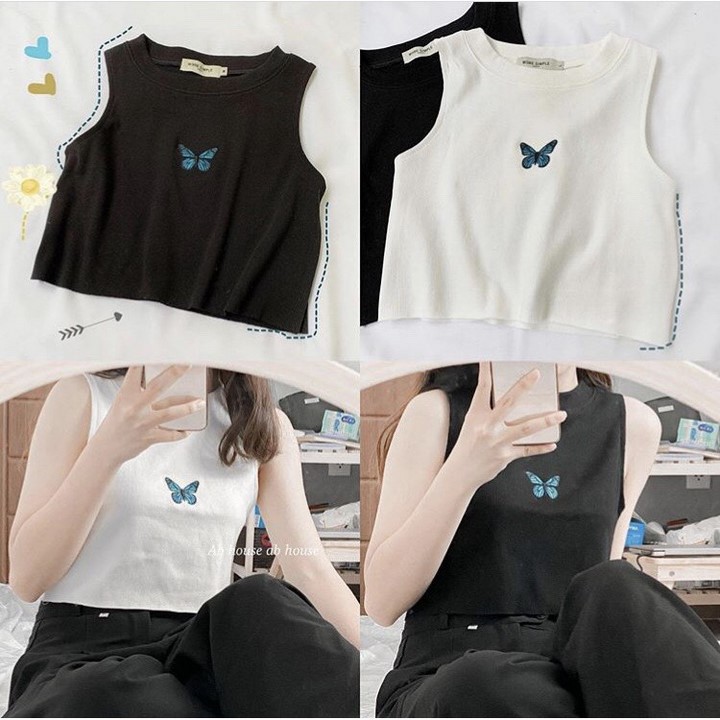 Áo croptop 3 lỗ thêu bướm chất cotton mịn