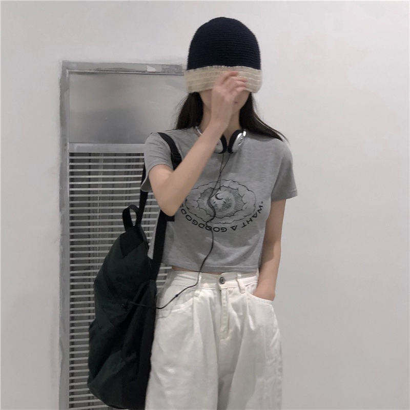 Áo Thun Tay Ngắn Cổ Tròn In Họa Tiết Phong Cách Hàn Quốc Dễ Phối Đồ Thời Trang Cho Nữ