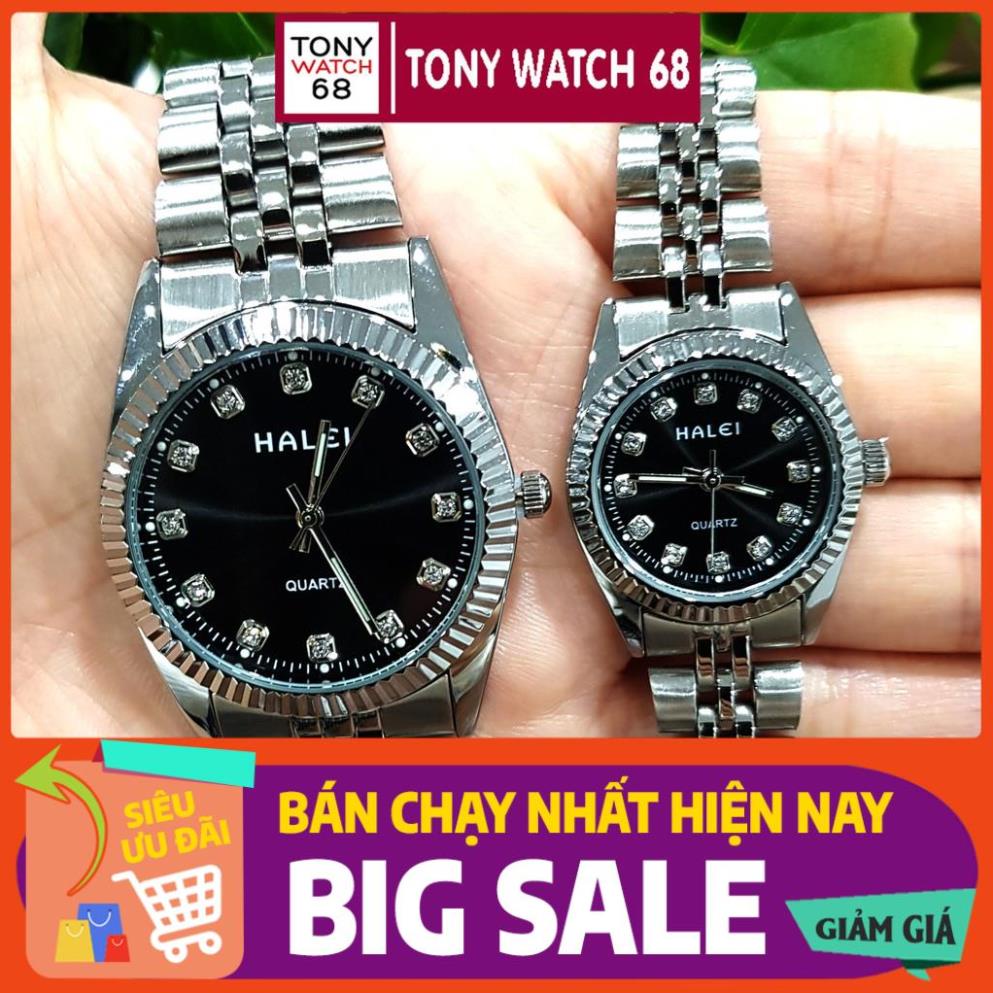 Đồng hồ cặp đôi nam nữ Halei dây kim loại mặt đen sang trọng Tony Watch 68