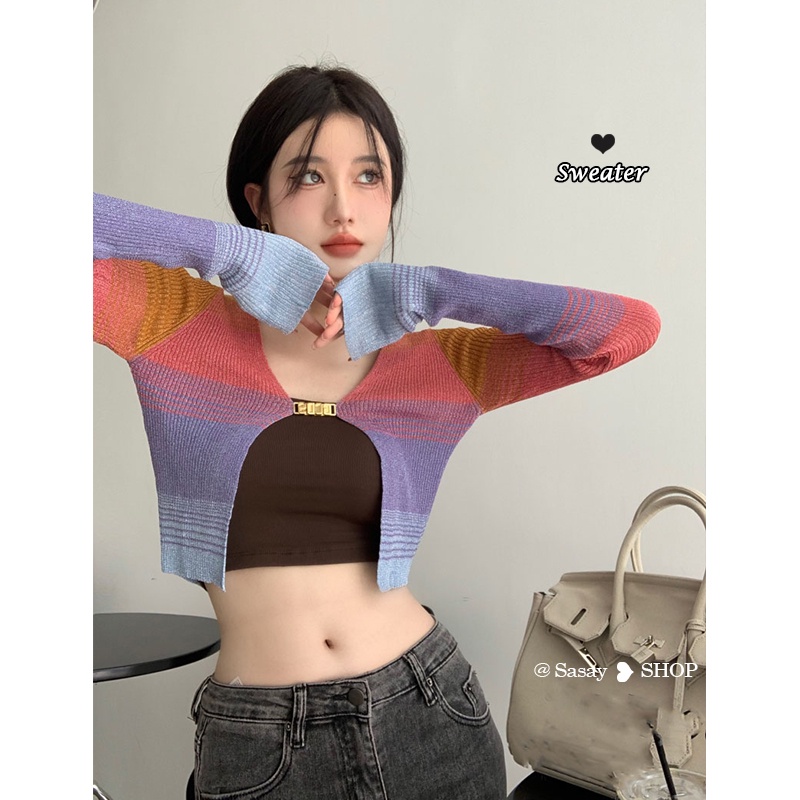 QADCOL Áo Khoác Cardigan Dệt Kim Tay Dài Dáng Ngắn Mỏng Nhẹ Họa Tiết Kẻ Sọc Thời Trang Mùa Hè Phong Cách Cổ Điển Cho Nữ